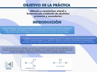 Obtener y caracterizar etanal y
butanona por oxidación de alcoholes
primarios y secundarios.
El grupo carbonilo (C = O) es uno de los grupos funcionales más importantes en la Química Orgánica. Se
puede considerar a los aldehídos y cetonas como derivados de los alcoholes, a los cuales se les ha
eliminado dos átomos de hidrógeno, uno de la función hidroxilo y otro del carbono contiguo.
Los aldehídos son compuestos de fórmula general R–CHO y las cetonas son compuestos de fórmula general
R-CO-R´, donde los grupos R y R´ pueden ser alifáticos o aromáticos. Ambos tipos de compuestos se
caracterizan por tener el grupo carbonilo, por lo cual se les suele denominar como compuestos carbonílicos.
No es de sorprender que los aldehídos y las cetonas se asemejen en la mayoría de sus propiedades como
consecuencia de poseer el grupo carbonilo. Sin embargo, en los aldehídos el grupo carbonilo esta unido a
un átomo de hidrógeno, mientras que en las cetonas se une a dos grupos orgánicos
 