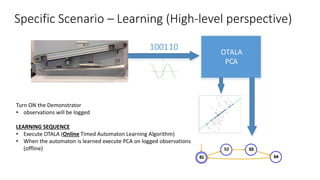 100110
OTALA
PCA
Specific Scenario – Learning (High-level perspective)
Turn ON the Demonstrator
• observations will be logged
LEARNING SEQUENCE
• Execute OTALA (Online Timed Automaton Learning Algorithm)
• When the automaton is learned execute PCA on logged observations
(offline)
 