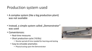 Production system used
• A complex system (like a big production plant)
was not available
• Instead, a simple system called „Demonstrator”
was used
• Conveniences:
• Real-time measures
• Short production cycle (~8.95s)
• Shorter period of time needed for learning and testing
• Easy to simulate anomalies
• Physical acting upon the Demonstrator
 