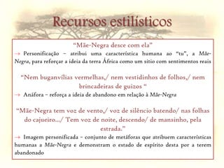 TemaOs temas deste texto poético é o amor à pátria e a Terra-África.“Pela estrada desce a noite/Mãe-Negra desce com ela.”