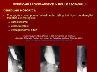 DEREGLĂRI MOTORICE:
• Concepţiile contemporane actualmente disting trei tipuri de dereglări
motorice ale esofagului:
o cardiospasmul
o acalazia cardiei
o esofagospasmul difuz
MODIFICĂRI RADIOIMAGISTICE ÎN BOLILE ESOFAGULUI
Sursă: Gudumac Eva, Babuci V. Boli chirurgicale ale copilului.
Asociaţia Chirurgilor Pediatri Universitari din Republica Moldova. Chişinău, 2004.
https://library.usmf.md/sites/default/files/2018-10/48.pdf
 