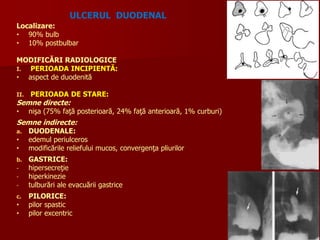 Localizare:
• 90% bulb
• 10% postbulbar
MODIFICĂRI RADIOLOGICE
I. PERIOADA INCIPIENTĂ:
• aspect de duodenită
II. PERIOADA DE STARE:
Semne directe:
• nişa (75% faţă posterioară, 24% faţă anterioară, 1% curburi)
Semne indirecte:
a. DUODENALE:
• edemul periulceros
• modificările reliefului mucos, convergenţa pliurilor
b. GASTRICE:
- hipersecreţie
- hiperkinezie
- tulburări ale evacuării gastrice
c. PILORICE:
• pilor spastic
• pilor excentric
ULCERUL DUODENAL
 