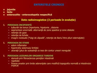  jejunite
 ileite
 enterocolite - enterocolopatia nespecifică
Date radioimagistice (3 perioade în evoluție)
I. PERIOADA INCIPIENTĂ
– tulburări de tonus (hipertonie, hipotonie , distonie
– segmentare anormală: alternanţă de zone spastice şi zone dilatate
– retenţie de gaze
– retenţie de lichide
– imagini reziduale (“fulgi de zăpadă”, retenţie de Bariu între pliuri edemaţiate)
I. PERIOADA DE STARE
– edem inflamator
– hipertrofia sistemului limfatic
– ulceraţii (plus de subsatnţă ce iese din contur uneori neregulat
I. PERIOADA LEZIUNILOR ORGANICE TARDIVE
– stenoză prin fibroscleroza pereţilor intestinali
– rigiditate
– fixarea anselor prin bride aderenţiale care modifică topografia normală a intestinului
implicat
ENTERITELE CRONICE
 