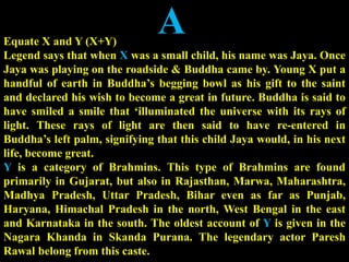 Equate X and Y (X+Y)
Legend says that when X was a small child, his name was Jaya. Once
Jaya was playing on the roadside & Buddha came by. Young X put a
handful of earth in Buddha’s begging bowl as his gift to the saint
and declared his wish to become a great in future. Buddha is said to
have smiled a smile that ‘illuminated the universe with its rays of
light. These rays of light are then said to have re-entered in
Buddha’s left palm, signifying that this child Jaya would, in his next
life, become great.
Y is a category of Brahmins. This type of Brahmins are found
primarily in Gujarat, but also in Rajasthan, Marwa, Maharashtra,
Madhya Pradesh, Uttar Pradesh, Bihar even as far as Punjab,
Haryana, Himachal Pradesh in the north, West Bengal in the east
and Karnataka in the south. The oldest account of Y is given in the
Nagara Khanda in Skanda Purana. The legendary actor Paresh
Rawal belong from this caste.
A
 