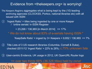 Evidence from <thekeepers.org> is worrying! 
The Keepers Registry aggregates what is being kept by the (10) leading 
archiving agencies (CLOCKSS, Portico, national libraries etc) with all 
issued with ISSN 
① ‘Ingest Ratio’ = titles being ingested by one or more Keeper 
/ ‘online serials’ in ISSN Register 
= 23,268 / 136,965 [in March 2014] => 17% 
* We do not know about 83% of e-serials having ISSN * 
‘KeepSafe Ratio’ = ingest by 3+ Keepers = 9,652 / 136,965 => 7% 
② Title Lists of 3 US research libraries (Columbia, Cornell & Duke), 
checked i2011/12 ‘Ingest Ratio’ = 22% to 28%; c.75% unknown fate 
③ User-centric Evidence, UK usage in 2012, UK OpenURL Router logs 
=> over two thirds 68% (36,326 titles) held by none! 
 