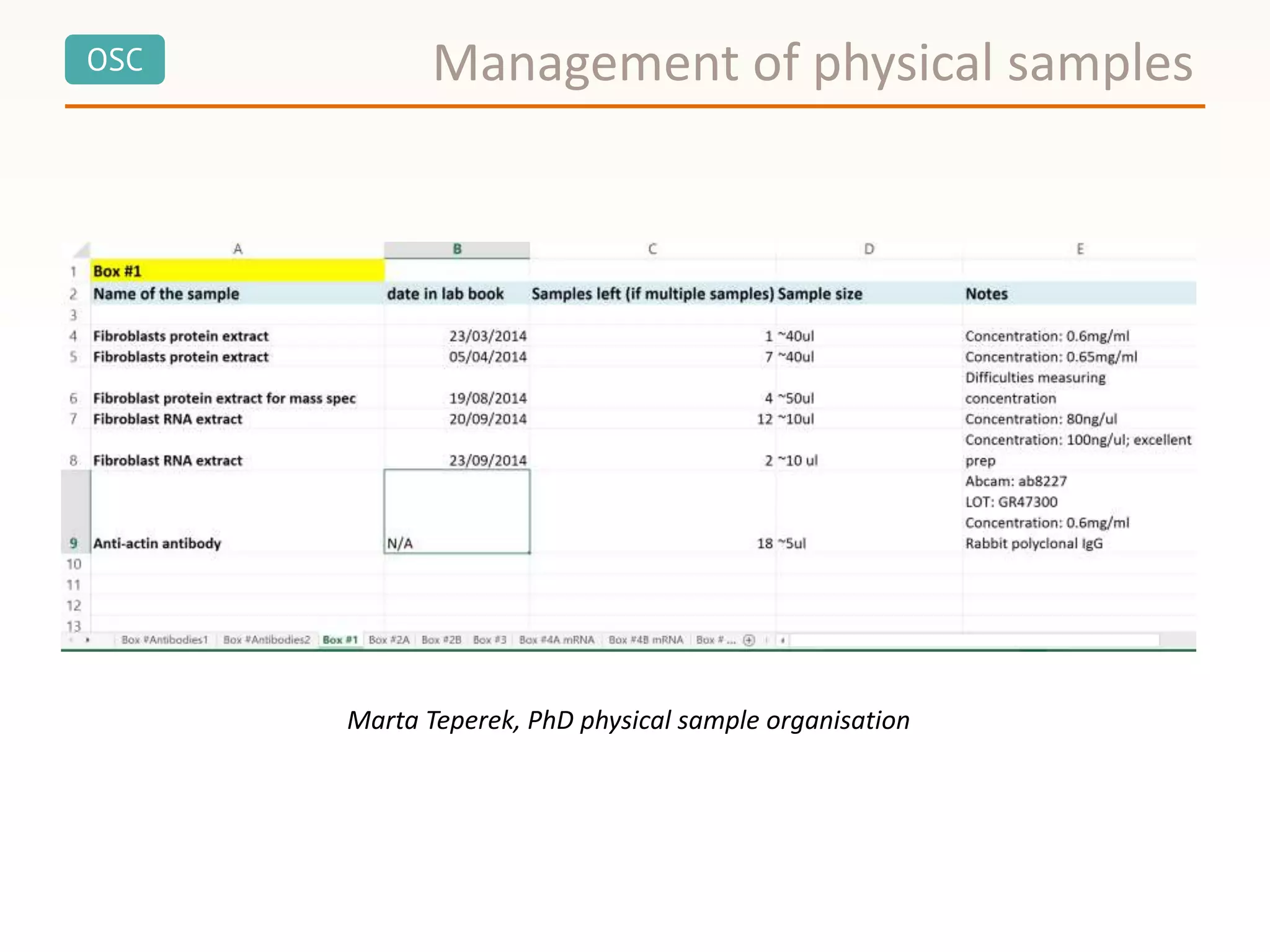 OSC Management of physical samples
Marta Teperek, PhD physical sample organisation
 