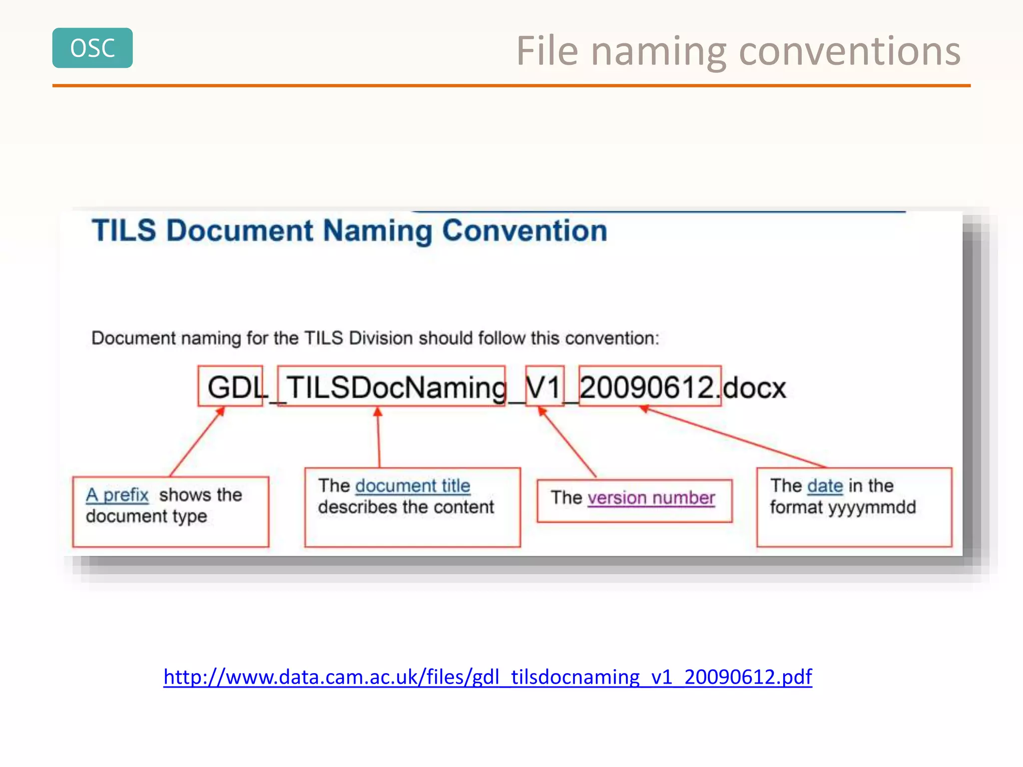 OSC File naming conventions
http://www.data.cam.ac.uk/files/gdl_tilsdocnaming_v1_20090612.pdf
 