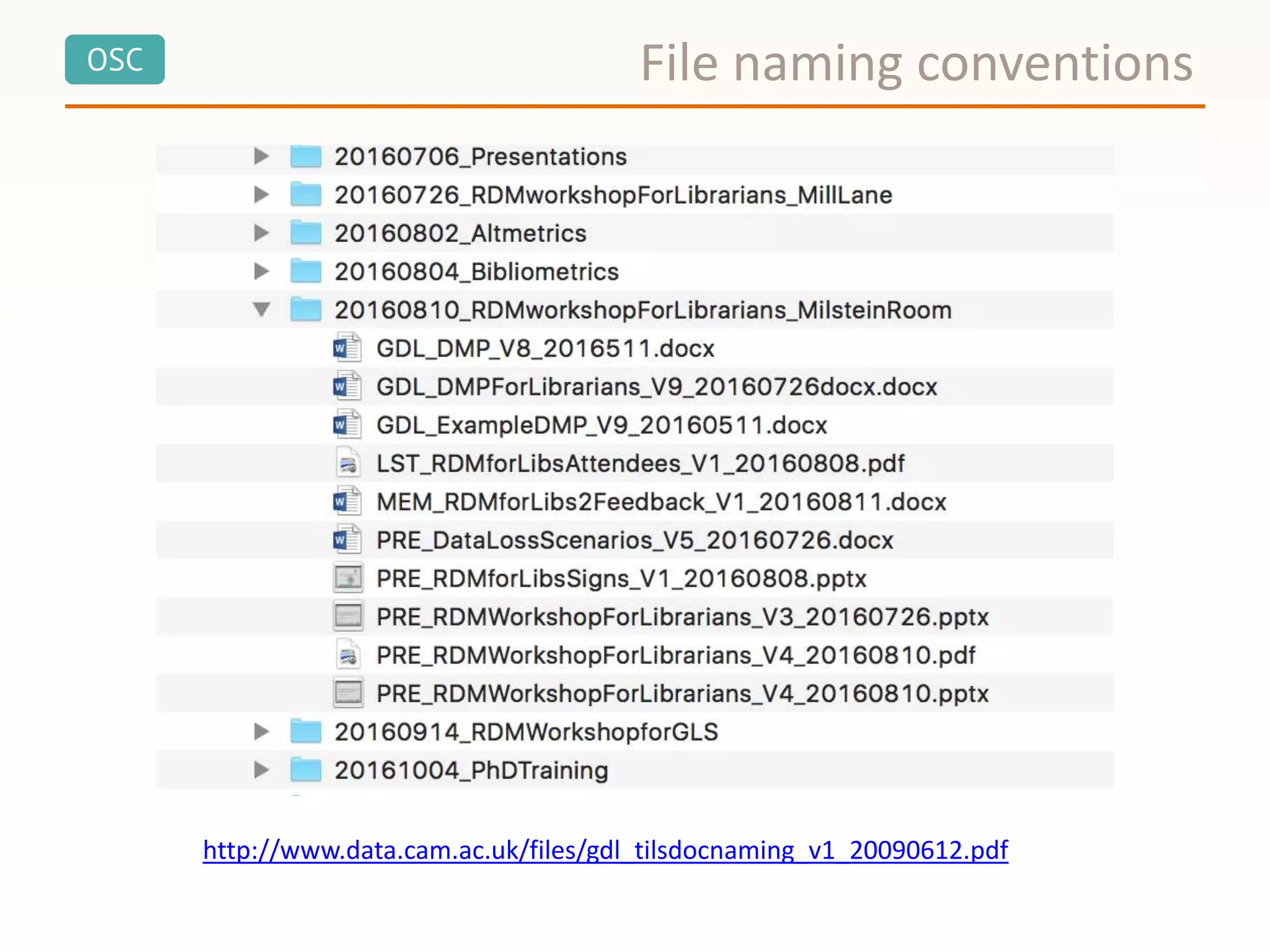 OSC File naming conventions
http://www.data.cam.ac.uk/files/gdl_tilsdocnaming_v1_20090612.pdf
 