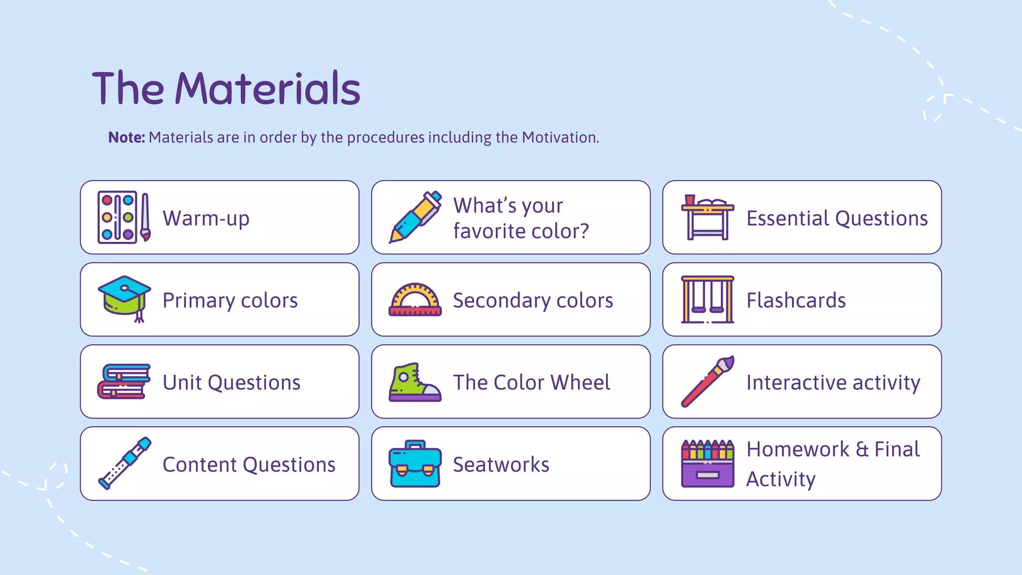 The Materials
Warm-up
Primary colors
Unit Questions
Content Questions
What’s your
favorite color?
Secondary colors
The Color Wheel
Seatworks
Essential Questions
Flashcards
Interactive activity
Homework & Final
Activity
Note: Materials are in order by the procedures including the Motivation.
 
