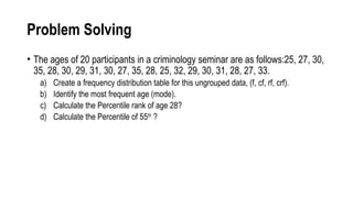 Problem Solving
• The ages of 20 participants in a criminology seminar are as follows:25, 27, 30,
35, 28, 30, 29, 31, 30, 27, 35, 28, 25, 32, 29, 30, 31, 28, 27, 33.
a) Create a frequency distribution table for this ungrouped data, (f, cf, rf, crf).
b) Identify the most frequent age (mode).
c) Calculate the Percentile rank of age 28?
d) Calculate the Percentile of 55th
?
 