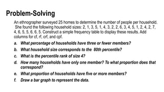 Problem-Solving
An ethnographer surveyed 25 homes to determine the number of people per household.
She found the following household sizes: 2, 1, 3, 5, 1, 4, 3, 2, 2, 6, 3, 4, 5, 1, 2, 4, 2, 7,
4, 6, 5, 5, 6, 6, 5. Construct a simple frequency table to display these results. Add
columns for cf, rf, crf, and cpf.
a. What percentage of households have three or fewer members?
b. What household size corresponds to the 80th percentile?
c. What is the percentile rank of size 4?
d. How many households have only one member? To what proportion does that
correspond?
e. What proportion of households have five or more members?
f. Draw a bar graph to represent the data.
 