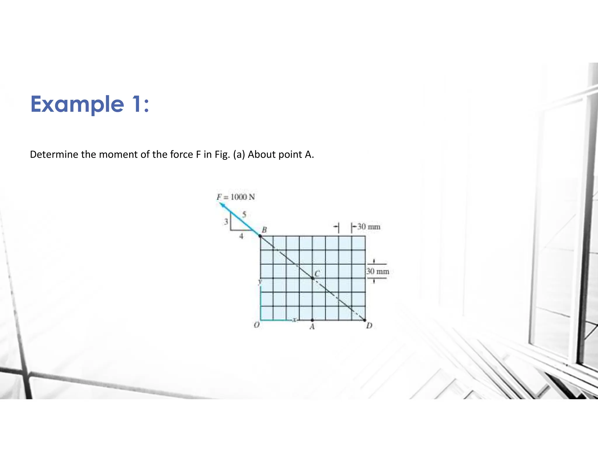 Determine the moment of the force F in Fig. (a) About point A.
Example 1:
 