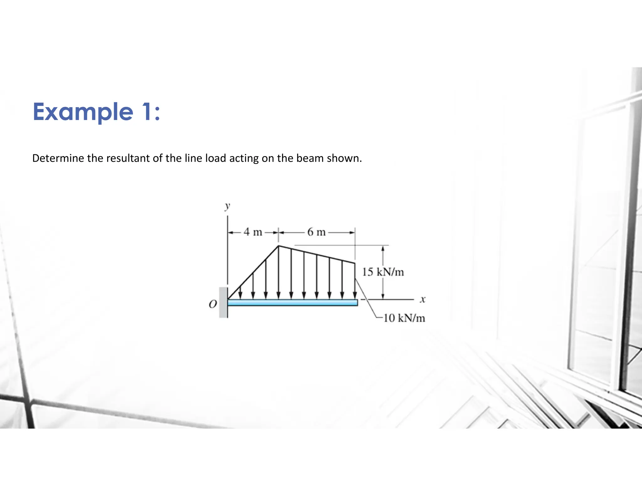 Determine the resultant of the line load acting on the beam shown.
Example 1:
 
