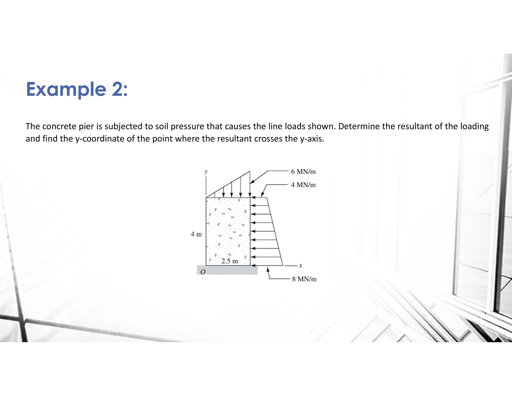 The concrete pier is subjected to soil pressure that causes the line loads shown. Determine the resultant of the loading
and find the y-coordinate of the point where the resultant crosses the y-axis.
Example 2:
 