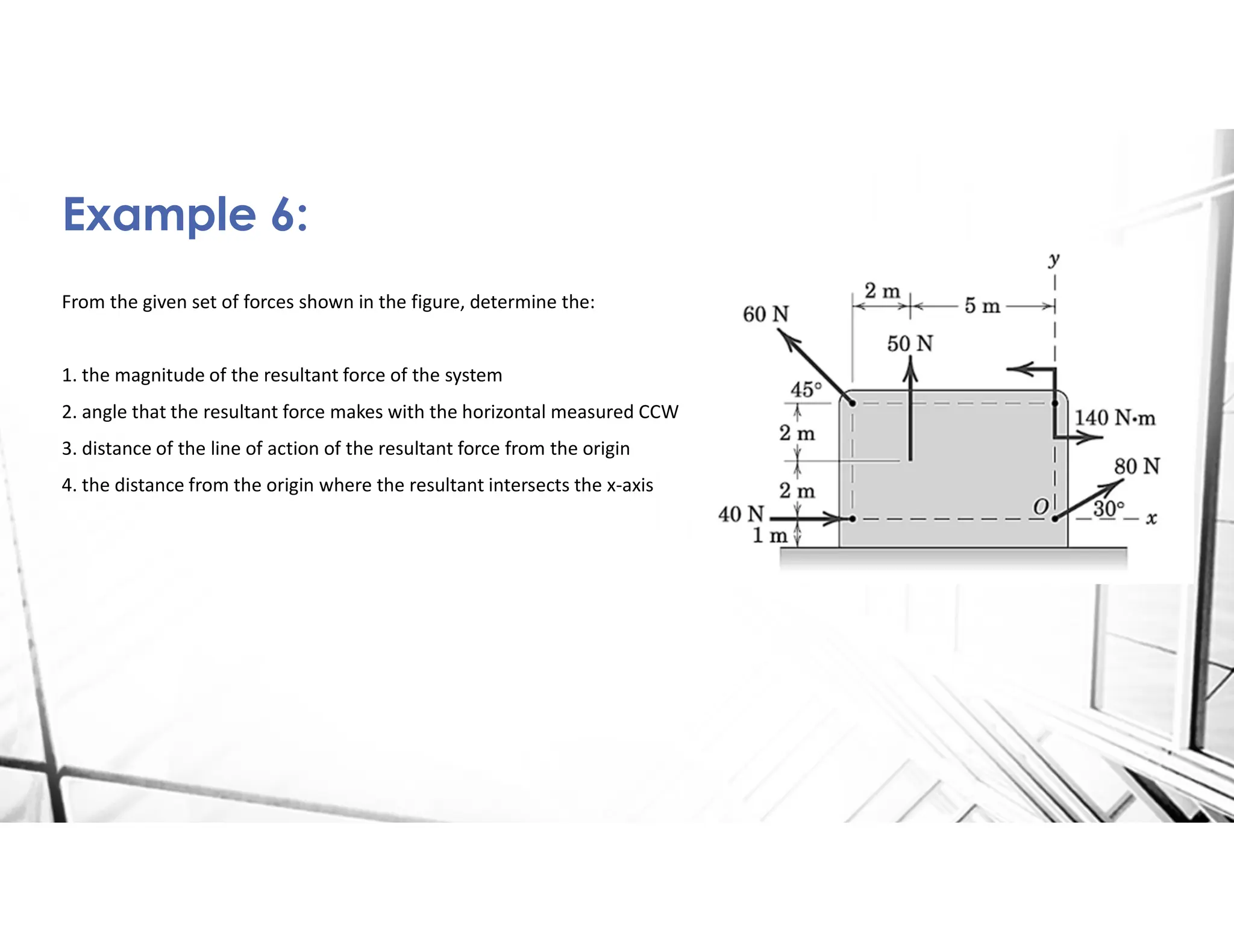 From the given set of forces shown in the figure, determine the:
1. the magnitude of the resultant force of the system
2. angle that the resultant force makes with the horizontal measured CCW
3. distance of the line of action of the resultant force from the origin
4. the distance from the origin where the resultant intersects the x-axis
Example 6:
 