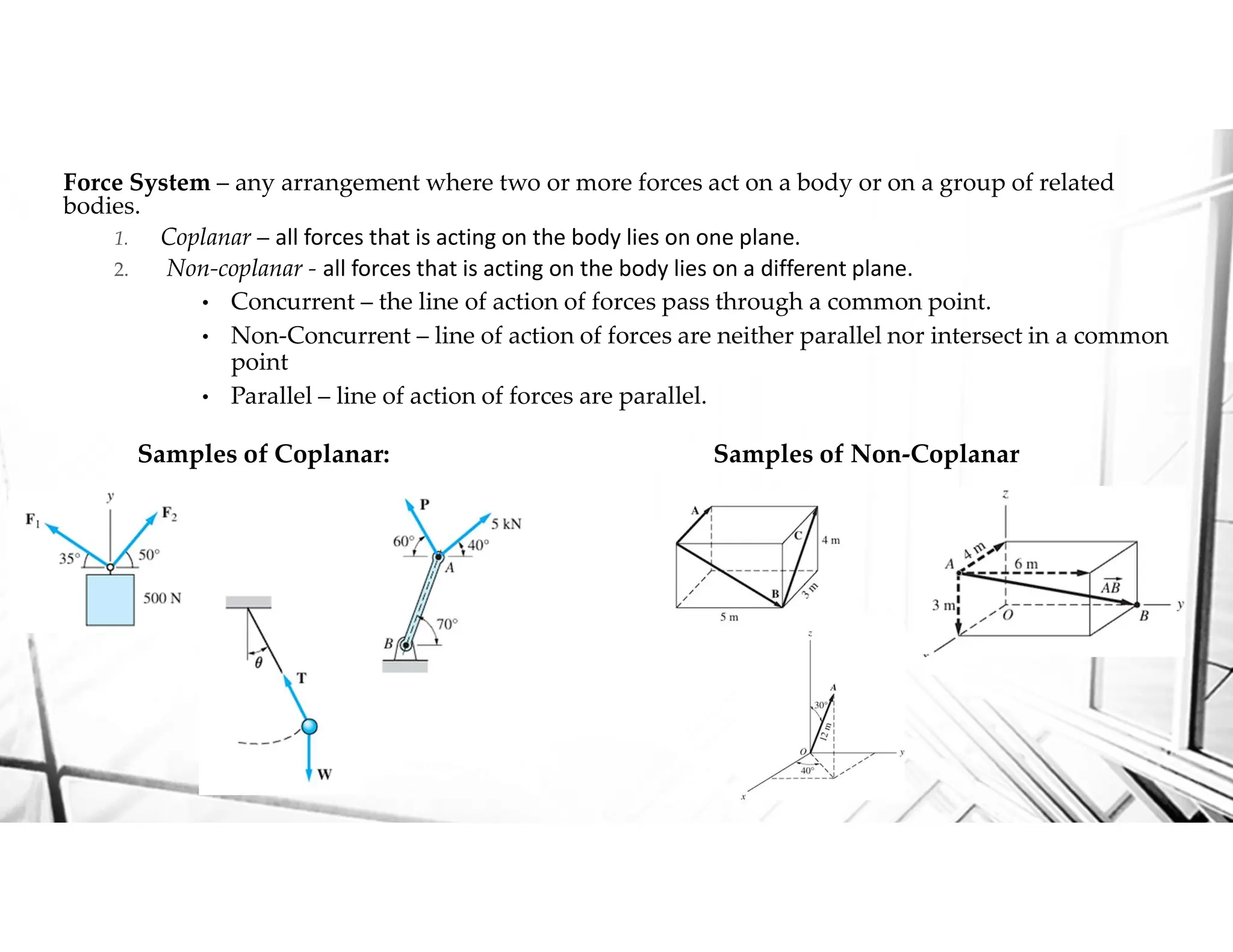 Force System – any arrangement where two or more forces act on a body or on a group of related
bodies.
1. Coplanar – all forces that is acting on the body lies on one plane.
2. Non-coplanar - all forces that is acting on the body lies on a different plane.
• Concurrent – the line of action of forces pass through a common point.
• Non-Concurrent – line of action of forces are neither parallel nor intersect in a common
point
• Parallel – line of action of forces are parallel.
Samples of Coplanar: Samples of Non-Coplanar
v
 