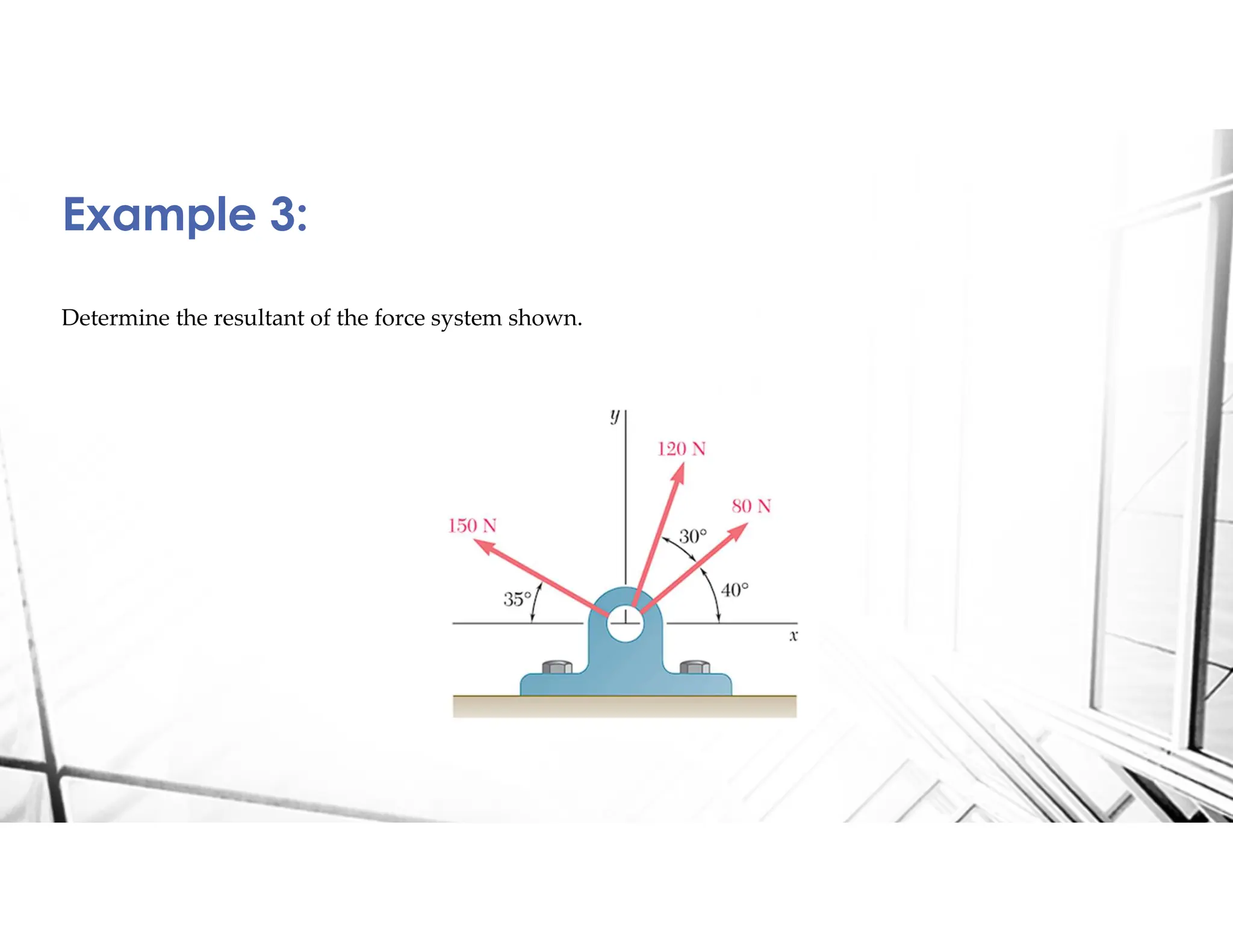 Determine the resultant of the force system shown.
Example 3:
 