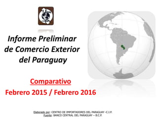 Informe Preliminar
de Comercio Exterior
del Paraguay
Comparativo
Febrero 2015 / Febrero 2016
Elaborado por: CENTRO DE IMPORTADORES DEL PARAGUAY -C.I.P.
Fuente: BANCO CENTRAL DEL PARAGUAY – B.C.P.
 