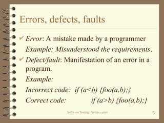 Software Testing: Preliminaries 22
Errors, defects, faults
 Error: A mistake made by a programmer
Example: Misunderstood the requirements.
 Defect/fault: Manifestation of an error in a
program.
Example:
Incorrect code: if (a<b) {foo(a,b);}
Correct code: if (a>b) {foo(a,b);}
 