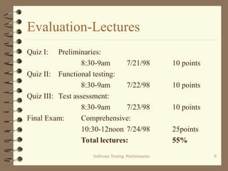 Software Testing: Preliminaries 9
Evaluation-Lectures
Quiz I: Preliminaries:
8:30-9am 7/21/98 10 points
Quiz II: Functional testing:
8:30-9am 7/22/98 10 points
Quiz III: Test assessment:
8:30-9am 7/23/98 10 points
Final Exam: Comprehensive:
10:30-12noon 7/24/98 25points
Total lectures: 55%
 