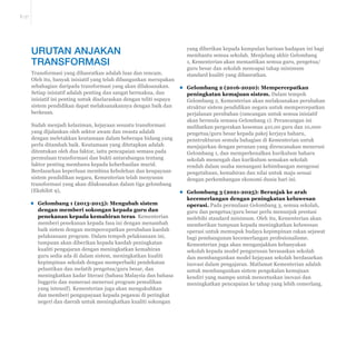 E-37 
URUTAN ANJAKAN 
TRANSFORMASI 
Transformasi yang dihasratkan adalah luas dan rencam. 
Oleh itu, banyak inisiatif yang telah dibangunkan merupakan 
sebahagian daripada transformasi yang akan dilaksanakan. 
Setiap inisiatif adalah penting dan sangat bermakna, dan 
inisiatif ini penting untuk diselaraskan dengan teliti supaya 
sistem pendidikan dapat melaksanakannya dengan baik dan 
berkesan. 
Sudah menjadi kelaziman, kejayaan sesuatu transformasi 
yang dijalankan oleh sektor awam dan swasta adalah 
dengan meletakkan keutamaan dalam beberapa bidang yang 
perlu ditambah baik. Keutamaan yang ditetapkan adalah 
ditentukan oleh dua faktor, iaitu pencapaian semasa pada 
permulaan transformasi dan bukti antarabangsa tentang 
faktor penting membawa kepada keberhasilan murid. 
Berdasarkan keperluan membina kebolehan dan keupayaan 
sistem pendidikan negara, Kementerian telah menyusun 
transformasi yang akan dilaksanakan dalam tiga gelombang 
(Ekshibit 9), 
ŀ Gelombang 1 (2013-2015): Mengubah sistem 
dengan memberi sokongan kepada guru dan 
penekanan kepada kemahiran teras. Kementerian 
memberi penekanan kepada fasa ini dengan menambah 
baik sistem dengan mempercepatkan perubahan kaedah 
pelaksanaan program. Dalam tempoh pelaksanaan ini, 
tumpuan akan diberikan kepada kaedah peningkatan 
kualiti pengajaran dengan meningkatkan kemahiran 
guru sedia ada di dalam sistem, meningkatkan kualiti 
kepimpinan sekolah dengan memperbaiki pendekatan 
pelantikan dan melatih pengetua/guru besar, dan 
meningkatkan kadar literasi (bahasa Malaysia dan bahasa 
Inggeris dan numerasi menerusi program pemulihan 
yang intensif). Kementerian juga akan mengukuhkan 
dan memberi pengupayaan kepada pegawai di peringkat 
negeri dan daerah untuk meningkatkan kualiti sokongan 
yang diberikan kepada kumpulan barisan hadapan ini bagi 
membantu semua sekolah. Menjelang akhir Gelombang 
1, Kementerian akan memastikan semua guru, pengetua/ 
guru besar dan sekolah mencapai tahap minimum 
standard kualiti yang dihasratkan. 
ŀ *HORPEDQJ 