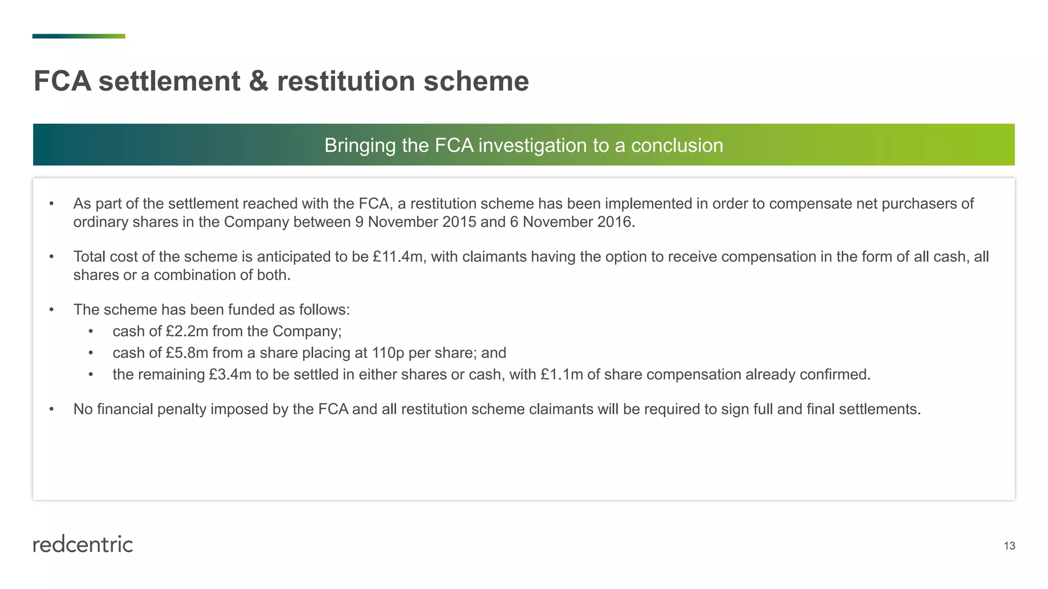 13
FCA settlement & restitution scheme
• As part of the settlement reached with the FCA, a restitution scheme has been implemented in order to compensate net purchasers of
ordinary shares in the Company between 9 November 2015 and 6 November 2016.
• Total cost of the scheme is anticipated to be £11.4m, with claimants having the option to receive compensation in the form of all cash, all
shares or a combination of both.
• The scheme has been funded as follows:
• cash of £2.2m from the Company;
• cash of £5.8m from a share placing at 110p per share; and
• the remaining £3.4m to be settled in either shares or cash, with £1.1m of share compensation already confirmed.
• No financial penalty imposed by the FCA and all restitution scheme claimants will be required to sign full and final settlements.
Bringing the FCA investigation to a conclusion
 