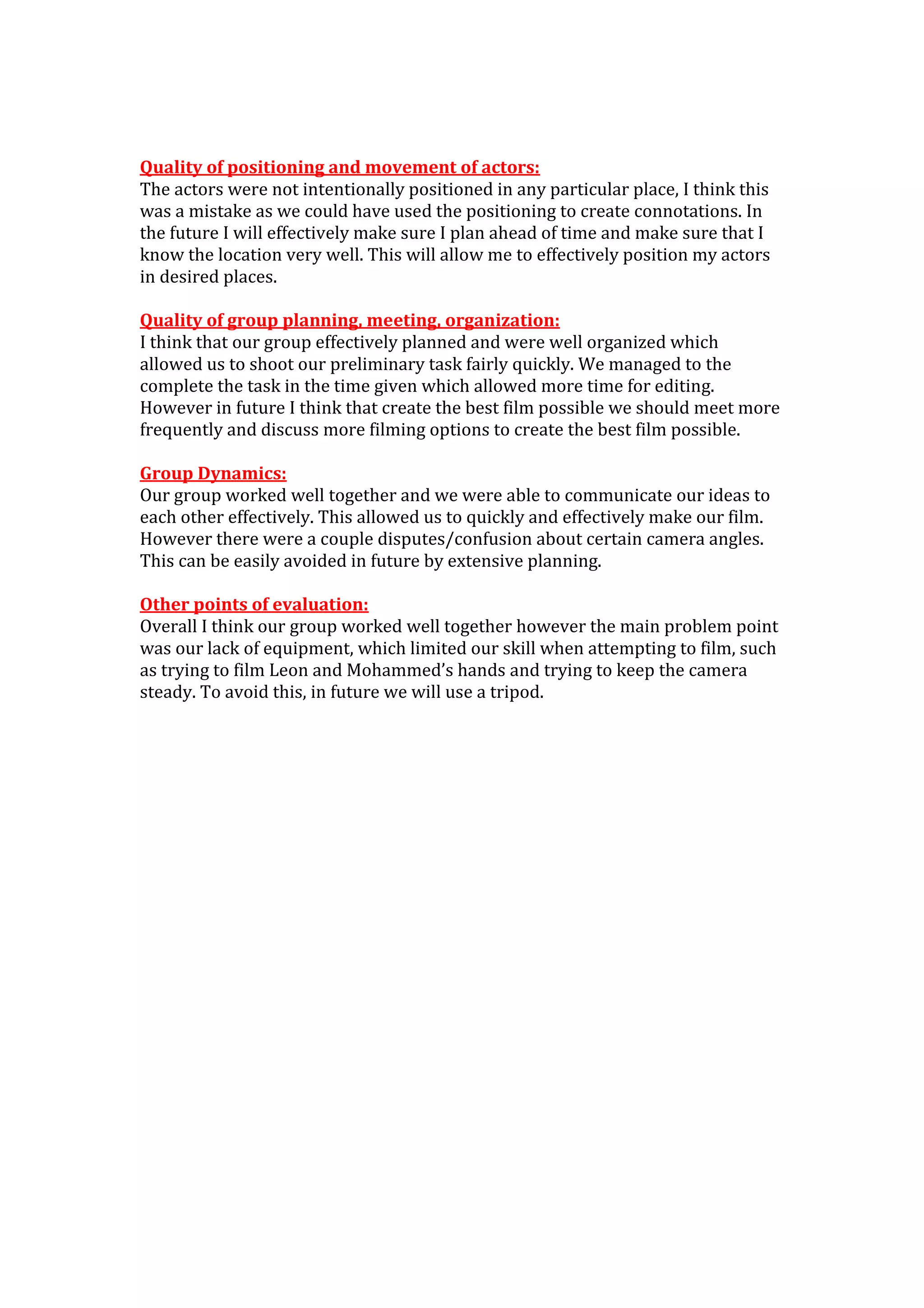 Preliminary Task Evaluation