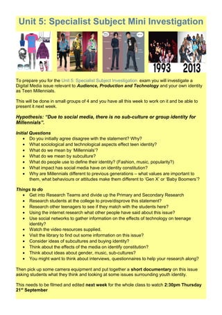 Unit 5: Specialist Subject Mini Investigation
To prepare you for the Unit 5: Specialist Subject Investigation exam you wil...