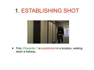 1. ESTABLISHING SHOT




•   First, Character 1 is established in a location, walking
    down a hallway.
 