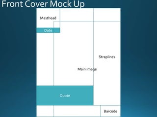 Front Cover Mock Up
Masthead
Date
Main Image
Barcode
Straplines
Quote
 