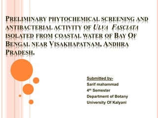 PRELIMINARY PHYTOCHEMICAL SCREENING AND
ANTIBACTERIAL ACTIVITY OF ULVA FASCIATA
ISOLATED FROM COASTAL WATER OF BAY OF
BENGAL NEAR VISAKHAPATNAM, ANDHRA
PRADESH.
Submitted by-
Sarif mahammad
4th Semester
Department of Botany
University Of Kalyani
 