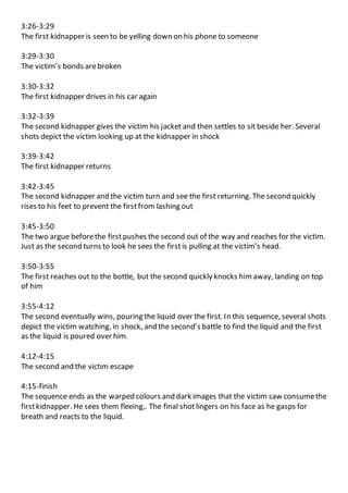 3:26-3:29
The first kidnapper is seen to be yelling down on his phone to someone
3:29-3:30
The victim’s bonds arebroken
3:30-3:32
The first kidnapper drives in his car again
3:32-3:39
The second kidnapper gives the victim his jacket and then settles to sit beside her. Several
shots depict the victim looking up at the kidnapper in shock
3:39-3:42
The first kidnapper returns
3:42-3:45
The second kidnapper and the victim turn and see the first returning. The second quickly
rises to his feet to prevent the firstfrom lashing out
3:45-3:50
The two argue beforethe firstpushes the second out of the way and reaches for the victim.
Just as the second turns to look he sees the firstis pulling at the victim’s head.
3:50-3:55
The first reaches out to the bottle, but the second quickly knocks him away, landing on top
of him
3:55-4:12
The second eventually wins, pouring the liquid over the first. In this sequence, several shots
depict the victim watching, in shock, and the second’s battle to find the liquid and the first
as the liquid is poured over him.
4:12-4:15
The second and the victim escape
4:15-finish
The sequence ends as the warped colours and dark images that the victim saw consumethe
firstkidnapper. He sees them fleeing,. The final shotlingers on his face as he gasps for
breath and reacts to the liquid.
 