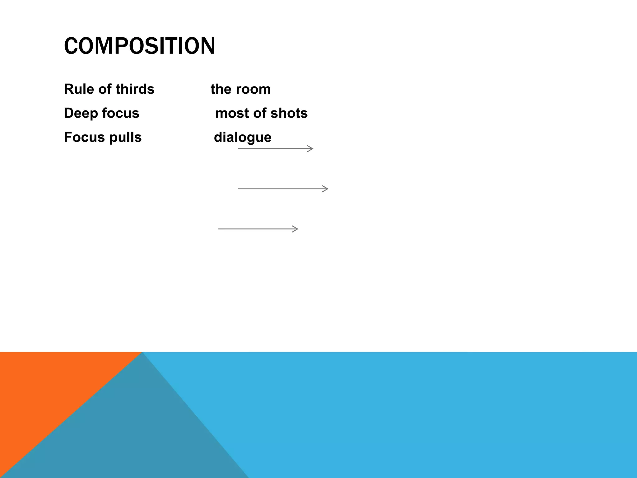 COMPOSITION
Rule of thirds   the room
Deep focus       most of shots
Focus pulls      dialogue
 