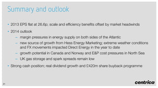 Summary and outlook
• 2013 EPS flat at 26.6p; scale and efficiency benefits offset by market headwinds
• 2014 outlook
– margin pressures in energy supply on both sides of the Atlantic
– new source of growth from Hess Energy Marketing; extreme weather conditions
and FX movements impacted Direct Energy in the year to date
– growth potential in Canada and Norway and E&P cost pressures in North Sea
– UK gas storage and spark spreads remain low
• Strong cash position; real dividend growth and £420m share buyback programme

21

 