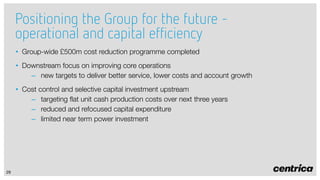 Positioning the Group for the future operational and capital efficiency
• Group-wide £500m cost reduction programme completed
• Downstream focus on improving core operations
– new targets to deliver better service, lower costs and account growth
• Cost control and selective capital investment upstream
– targeting flat unit cash production costs over next three years
– reduced and refocused capital expenditure
– limited near term power investment

29

 