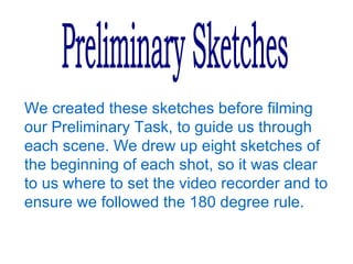 Preliminary Sketches We created these sketches before filming our Preliminary Task, to guide us through each scene. We drew up eight sketches of the beginning of each shot, so it was clear to us where to set the video recorder and to ensure we followed the 180 degree rule.   