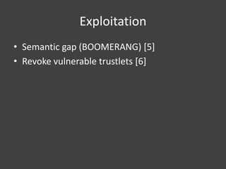 Exploitation
• Semantic gap (BOOMERANG) [5]
• Revoke vulnerable trustlets [6]
 