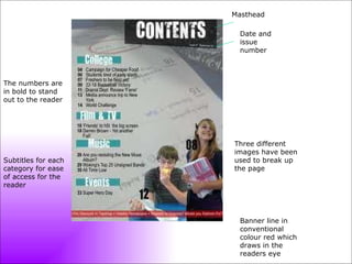 Masthead Date and issue number Banner line in conventional colour red which draws in the readers eye Subtitles for each category for ease of access for the reader The numbers are in bold to stand out to the reader Three different images have been used to break up the page 