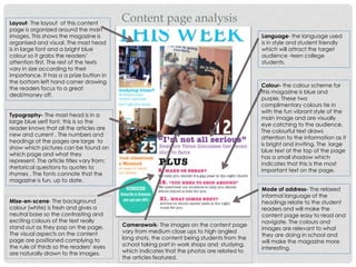Layout- The layout of this content
page is organized around the main
images. This shows the magazine is
organised and visual. The mast head
is in large font and a bright blue
colour so it grabs the readers’
attention first. The rest of the texts
vary in size according to their
importance. It has a a prize button in
the bottom left hand corner drawing
the readers focus to a great
deal/money off.
Content page analysis
Typography- The mast head is in a
large blue serif font, this is so the
reader knows that all the articles are
new and current . The numbers and
headings of the pages are large to
show which pictures can be found on
which page and what they
represent. The article titles vary from;
rhetorical questions to quotes to
rhymes . The fonts connote that the
magazine is fun, up to date.
Language- the language used
is in style and student friendly
which will attract the target
audience -teen college
students.
Colour- the colour scheme for
this magazine is blue and
purple. These two
complimentary colours tie in
with the fun vibrant style of the
main image and are visually
eye catching to the audience.
The colourful text draws
attention to the information as it
is bright and inviting. The large
blue text at the top of the page
has a small shadow which
indicates that this is the most
important text on the page.
Mise-en-scene- The background
colour (white) is fresh and gives a
neutral base so the contrasting and
exciting colours of the text really
stand out as they pop on the page.
The visual aspects on the content
page are positioned complying to
the rule of thirds so the readers’ eyes
are naturally drawn to the images.
Camerawork- The images on the content page
vary from medium close ups to high angled
long shots, the content being students from the
school taking part in work shops and studying,
which indicates that the photos are related to
the articles featured.
Mode of address- The relaxed
informal language of the
headings relate to the student
readers and will make the
content page easy to read and
navigate. The colours and
images are relevant to what
they are doing in school and
will make the magazine more
interesting.
 