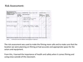 Risk Assessment:




The risk assessment was used to make the filming more safe and to make sure that the
location we were planning on filming at had accurate and appropriate space for the
actors and equipment.

From this, I learned the importance of health and safety when it comes filming and
using areas outside of the classroom.
 