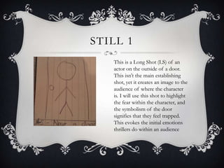 STILL 1
   This is a Long Shot (LS) of an
   actor on the outside of a door.
   This isn’t the main establishing
   shot, yet it creates an image to the
   audience of where the character
   is. I will use this shot to highlight
   the fear within the character, and
   the symbolism of the door
   signifies that they feel trapped.
   This evokes the initial emotions
   thrillers do within an audience
 