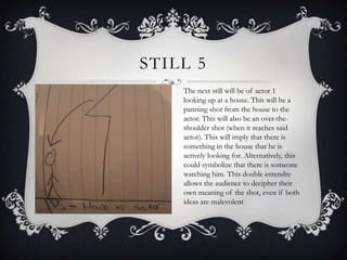 STILL 5
    The next still will be of actor 1
    looking up at a house. This will be a
    panning shot from the house to the
    actor. This will also be an over-the-
    shoulder shot (when it reaches said
    actor). This will imply that there is
    something in the house that he is
    actively looking for. Alternatively, this
    could symbolize that there is someone
    watching him. This double entendre
    allows the audience to decipher their
    own meaning of the shot, even if both
    ideas are malevolent
 