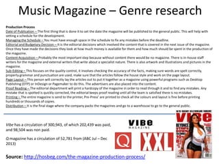 Music Magazine – Genre research
Vibe has a circulation of 300,943, of which 202,439 was paid,
and 98,504 was non paid.
Production Process
Date of Publication – The first thing that is done it to set the date the magazine will be published to the general public. This will help with
setting a schedule for the development.
Managing the Schedule – You must have enough space in the schedule to fix any mistakes before the deadline.
Editorial and Budgetary Decision – It is the editorial decisions which involved the content that is covered in the next issue of the magazine.
Once they have made the decisions they look at how much money is available for them and how much should be spent in the production of
the magazine.
Content Acquisition – Probably the most important step because without content there would be no magazine. There is in-house staff
writers for the magazine and external writers that write about a specialist nature. There is also artwork and illustrations and pictures in the
magazine.
Sub-Editing – This focuses on the quality control, it involves checking the accuracy of the facts, making sure words are spelt correctly,
property grammar and punctuation are used, make sure that the articles follow the house style and work on the page layout.
Page Layout – This person will correctly lay the articles out to put it together as a magazine using powerful programs such as Desktop
Publishing (DTP) or InDesign or Pagemaker to do this. The advertisers are also placed into the content.
Proof Reading – The editorial department will print a hardcopy of the magazine in order to read through it and to find any mistakes. Any
mistake that is spotted is quickly corrected, the editorial keeps proof reading until all the team is satisfied there is no mistakes.
Printing – The entire magazine is send to the printer, Pre-Press’ are printed to check all the colours and layout is fine before printing
hundreds or thousands of copies.
Distribution – It is the final stage where the company packs the magazines and go to a warehouse to go to the general public.
Q magazine has a circulation of 52,781 from (ABC Jul – Dec
2013)
Source: http://hosbeg.com/the-magazine-production-process/
 