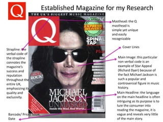 Established Magazine for my Research
Masthead: the Q
masthead is
simple yet unique
and easily
recognizable
Cover Lines
Main Headline: the language
on the main headline is often
intriguing as its purpose is to
lure the consumer into
reading the magazine, it is
vague and reveals very little
of the main story.
Barcode/ Price/ Issue,
Date
Strapline: the
verbal code of
the strapline
connotes the
magazine’s
success and
reputation
throughout the
entire UK,
emphasizing its
quality and
exclusivity.
Main Image: this particular
non verbal code is an
example of Star Appeal
(Richard Dyer) because of
the fact Michael Jackson is
such a popular and
controversial figure in music
history.
 