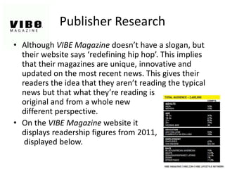 Publisher Research
• Although VIBE Magazine doesn’t have a slogan, but
their website says ‘redefining hip hop’. This implies
that their magazines are unique, innovative and
updated on the most recent news. This gives their
readers the idea that they aren’t reading the typical
news but that what they’re reading is
original and from a whole new
different perspective.
• On the VIBE Magazine website it
displays readership figures from 2011,
displayed below.
 