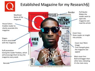 Established Magazine for my Research§]
Masthead-
Name of the
magazine
Cover lines-
Gives reader an insight
into articles.
House Colors-
Enables reader to
clearly associate this
magazine
Puff promotion-
Giving the reader freebies, which
will encourage them to buy the
magazine every week
Slogan-
A term associated
with the magazine Cover star/ Main
Image-
Tinie Tempah gives
the magazine star
appeal
Barcode
Pull Quote-
Makes the
reader want to
open the
magazine and
read the article
Main cover line-
Bold and bigger then
other text, indicating
it’s the main story
Border
 