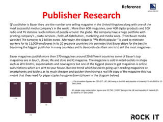 Publisher Research
Q’s publisher is Bauer they are the number one selling magazine in the United Kingdom along with one of the
most successful media company's in the world . More then 600 magazines, over 400 digital products and 100
radio and TV stations reach millions of people around the globe. The company have a huge portfolio with
printing company's , postal services , fields of distribution , marketing and media sales. (from Bauer media
website) The turnover is 2 billion euros . Moreover, the slogan is “We think popular “ is used to motivate
workers for its 11,000 employees in its 20 separate countries this connotes that Bauer strive for the best in
becoming the biggest publisher in many countries and is demonstrates their aim is to sell the most magazines.
Bauer magazines publish more then 570 magazines around 20 different countries some of Bauer's top
magazines are in touch, closer, life and style and Q magazine. The magazine is sold in retail outlets in shops
such as WH-Smiths, supermarkets and newsagents but one of the biggest places to get magazines is online
subscriptions which are sent to your house. But one trend which has been going up is reading magazines on
smartphones and tablets as its much cheaper and quicker then having a real life copy of the magazine this has
meant that thee need for paper copies has gone down (shown in the diagram below)
Reference
 