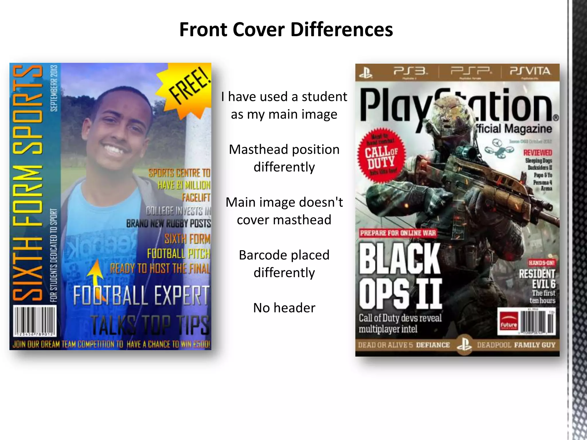 Front Cover Differences
I have used a student
as my main image
Masthead position
differently
Main image doesn't
cover masthead
Barcode placed
differently
No header

 