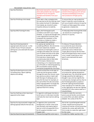PRELIMINARY EVALUATION SHEET
Quality of Summary My honest evaluation- whatwas
done well and what was not of good
standard? Try to cite specific
example and moments from your
video
Examples of strategies, good practices
and skillsthatmy group and I will put
into placeand develop to ensure a
main production of high quality.
Quality of holdinga shot steady There were a few unsteady shots,
this was due to the fact that we used
the camera by hand.To help keep a
shot steady, we should of used a
tripod to enhance its stability.
To ensure that our next production
doesn’t make the same mistake,we
will usea tripod to enhance its quality.
Tripods can help support the camera
to generate a steady shot.
Quality of the framingof shots Again, the framingwas quite
unstableas we didn’t usea tripod.
However, as a group we thought that
it was importantto track the shots
alongwith the movement of the
character as ithelps to create a
scene towards the audience.
To help adjustthe framingof the shots
, we would use a tripod again to
enhance it’s quality.
Quality of shootingmaterial
appropriateto the task set- i.e. the
content of your filmpre and post
editing was consistentwith the exam
directives
As a group we wanted to do
something different. We did stick to
the exam objectives,however
instead of justmakingthe scene an
average scene where the character
justsits down and talks to the other
character,we wanted to make the
filmlook more interesting by
constantjump shots to help make
the filmlook a littlebitmore
interesting, as itis importantto open
up a filmwith an interestingopening.
We also had the camera moving
constantly alongwith the characters.
To help our filmpossibly more
accurateto the exam directives,
maybe we should of made our
preliminary task a littlebitmore
simple.Because due to the fact that
whilstfilmingwe had to move around
a lot, it made itlook likeour task
wasn’t consistentwith the exam
directives.
Quality of selectingmise-en-scène
including colour,figure,lighting,
objects and setting;
I would say that due to the type of
scene me and my group created
through this task, the miseen scene
was quiet accurateas itwent well
with the type of setting we put in
placefor this task.For example, at
the startof the film,the characters
body language(when he barges the
boy) helps portray what kind of
approach the filmis taking.
As said before, the mise en scene was
accurateto the setting takingplace
duringthe task. The only thing I would
change, would be the lighting,as I
thought it was a bit too lightfor the
scene we was tryingto portray.Due to
the filmbeing based on suspense, I
think the lightingshould havebeen
more low key to fit in with the scene
as the lightingfor me was too high key
and didn’t fit in the scene as well as it
should of done.
Quality of editing so that meaning is
apparent to the viewer
In regards to editingwe had done a
lot of cuts as itis the most invisible
and looks the most realistic editing
type.
In order to make the cuts more
precise,we will do the cuts bitby bit
as some of the cuts where abitbig
between the scenes of the film.
Quality of usingsound with images and
editing appropriately for the task set;
In regards to the sound at the
background,it set the scene to be
very dramatic and intense (which
was our aim) it also gavethe filma
bit of suspenseinto what could
happen next.
Due to the sound fittingwell with the
scenes, myself and my group will
continue to find the correctsound that
matches the scenes well within the
filmin order to create the right mood
for the scene.
Quality of positioningand movements The positioningof the actors was a In order for a better quality in the
 
