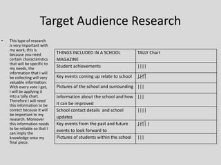Target Audience Research
• This type of research
is very important with
my work, this is
because you need
certain characteristics
that will be specific to
my needs, the
information that I will
be collecting will very
valuable information.
With every vote I get,
I will be applying it
into a tally chart.
Therefore I will need
this information to be
correct because it will
be important to my
research. Moreover
this information needs
to be reliable so that I
can imply the
knowledge onto my
final piece.
THINGS INCLUDED IN A SCHOOL
MAGAZINE
TALLY Chart
Student achievements ||||
Key events coming up relate to school ||||
Pictures of the school and surrounding |||
Information about the school and how
it can be improved
|||
School contact details and school
updates
||||
Key events from the past and future
events to look forward to
|||| |
Pictures of students within the school |||
 